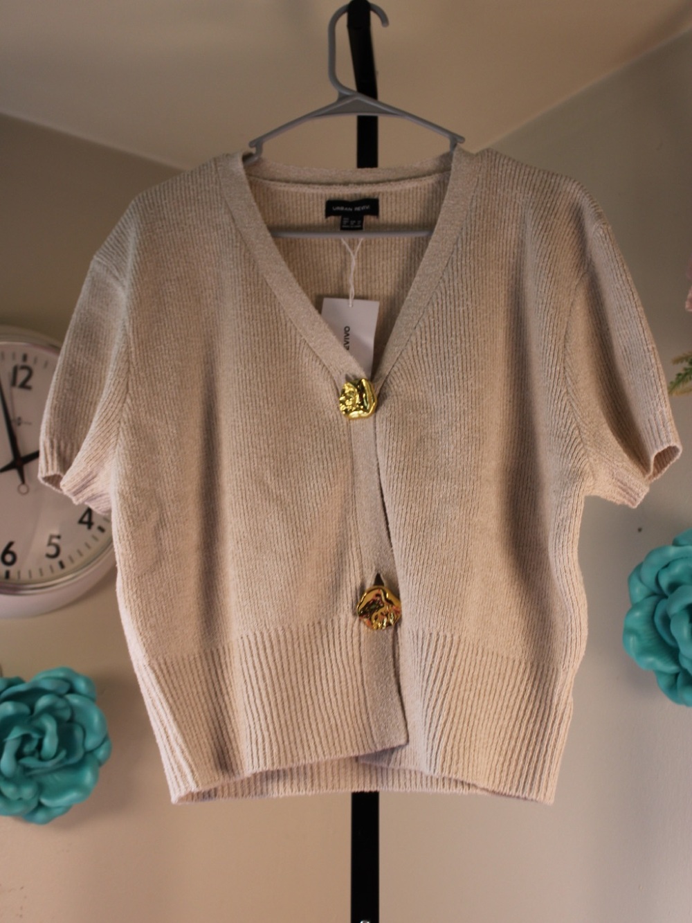 Women's Short-Sleeve V-Neck Button Sweater Cardigan - Cream